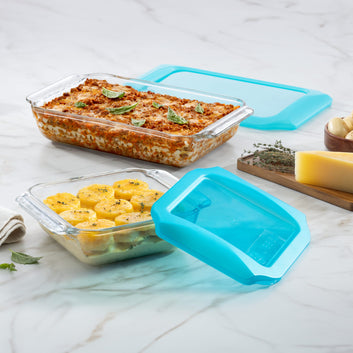 Libbey Baker’s Premium 5 Piece Glass Bakeware Set, Includes 10x14, 9x13 with Lid, and 8x8 with Lid, Stackable with GreatGrip™ Handles