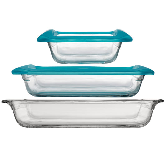 Complete 5-piece set includes a 10x14-inch (4.8-quart) glass baking dish, a 9x13-inch (4.2-quart) glass dish with plastic lid, and an 8x8-inch (2.1-quart) glass dish with plastic lid.