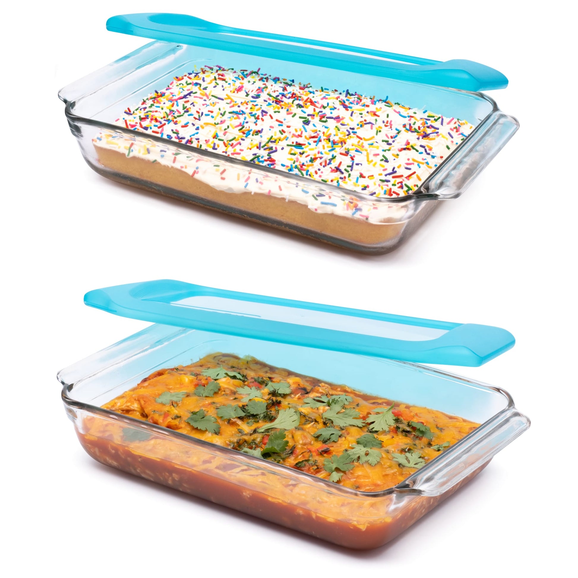 Includes two 9x13-inch rectangle clear glass 4.2 quart baking dishes, each with its own matching plastic lid.