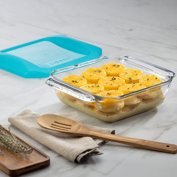 Libbey Baker’s Premium 8x8 Inch Glass Baking Dish Set of 2 with Lids, Stackable Bakeware with GreatGrip Handles, Durable Covered Square Dishes