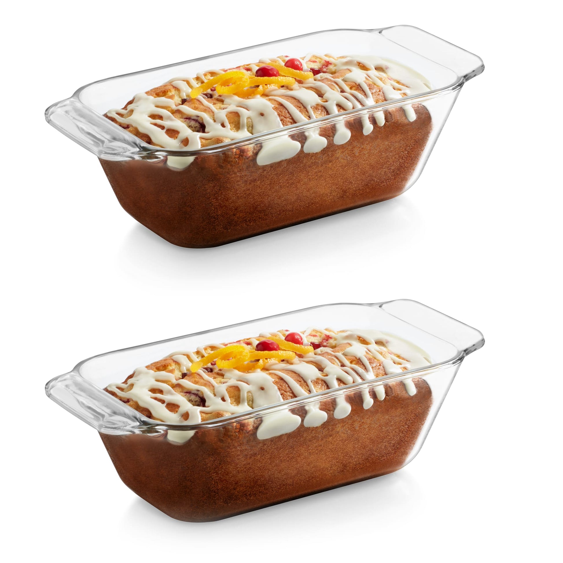 Includes two clear glass 1.6 quart loaf baking dishes designed to nest and stack together for space-saving storage.