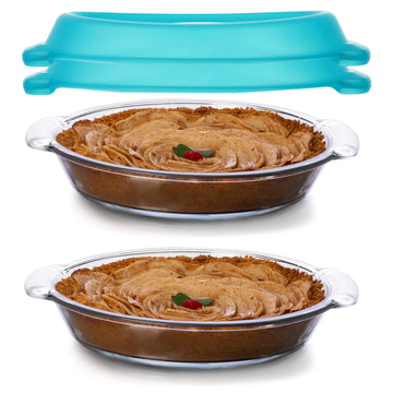 Includes two 9-inch round clear glass 1.4 quart pie dishes, each with its own fitted plastic lid for storage and transport.