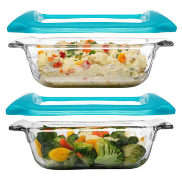Includes two 8x8-inch clear glass 2.1 quart baking dishes, each with its own fitted plastic lid for storage and transport.