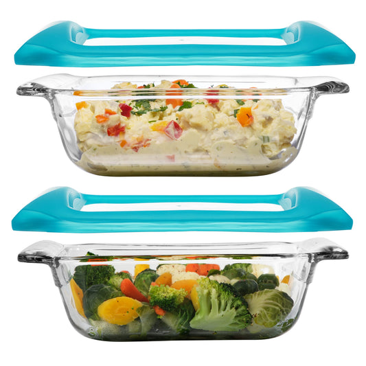 Includes two 8x8-inch clear glass 2.1 quart baking dishes, each with its own fitted plastic lid for storage and transport.