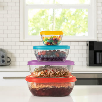Libbey Serve It 8 Piece Glass Storage Container Set with 2 Cup, 6 Cup, 8 Cup, and 12.5 Cup Bowls and Multi Color Lids