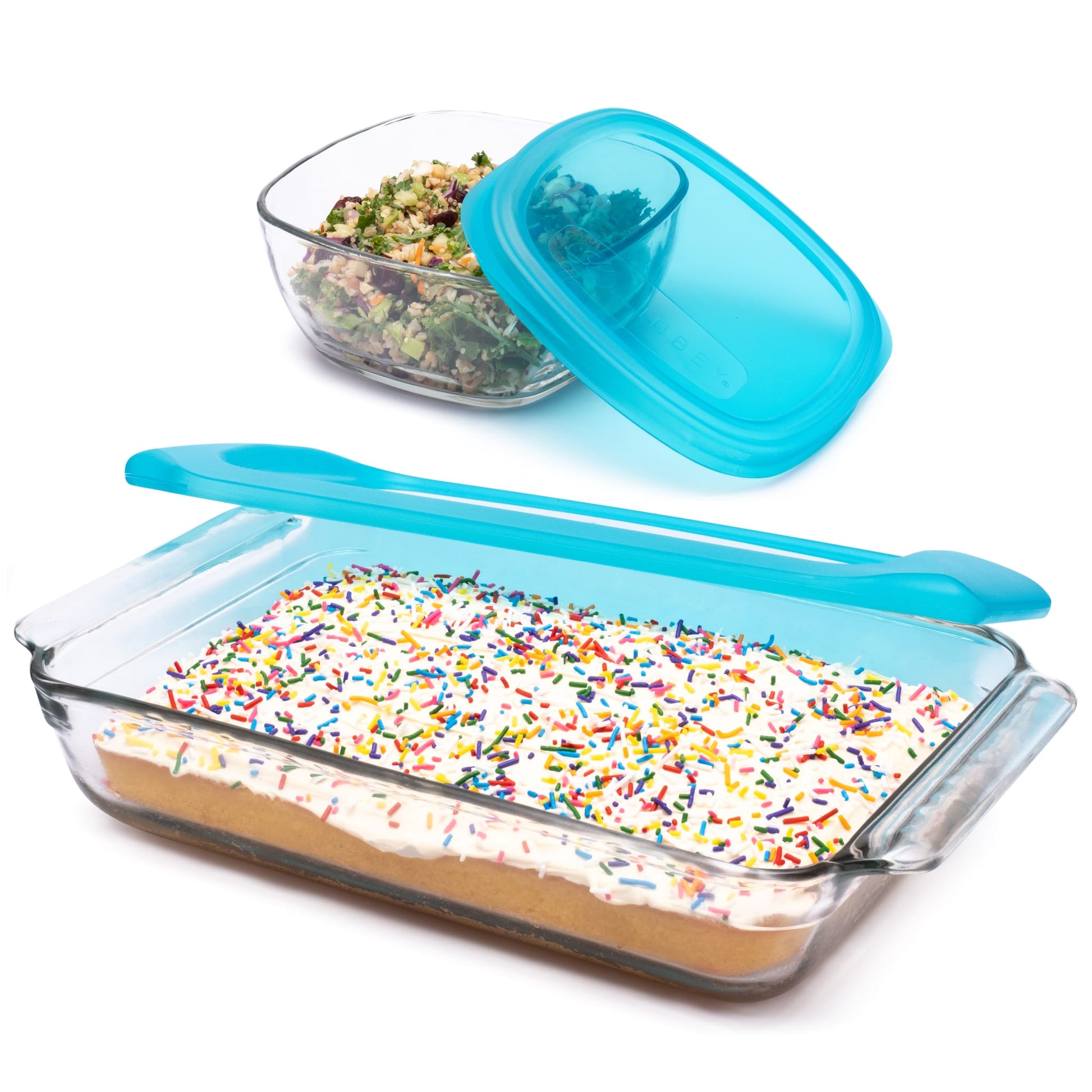 Includes one 9x13-inch clear glass baking dish with blue lid and one 6-cup glass storage container with blue lid.