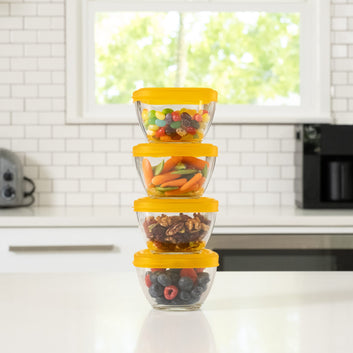Libbey Serve It 16 Piece 2 Cup Glass Storage Bowl Container Set with Yellow Plastic Lids