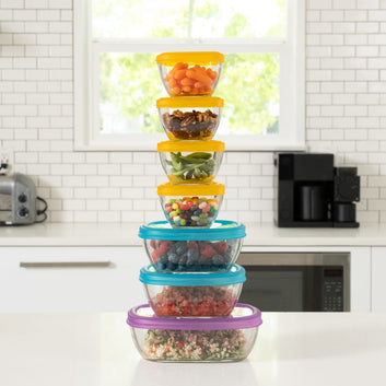 Libbey Serve It 14 Piece Glass Storage Container Set with 2 Cup, 6 Cup, and 8 Cup Bowls and Multi Color Lids